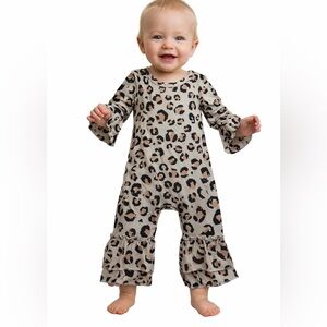 Boutique Clover cottage collection. Leopard Print Ruffle Sleeve Jumpsuit. 0-6mon